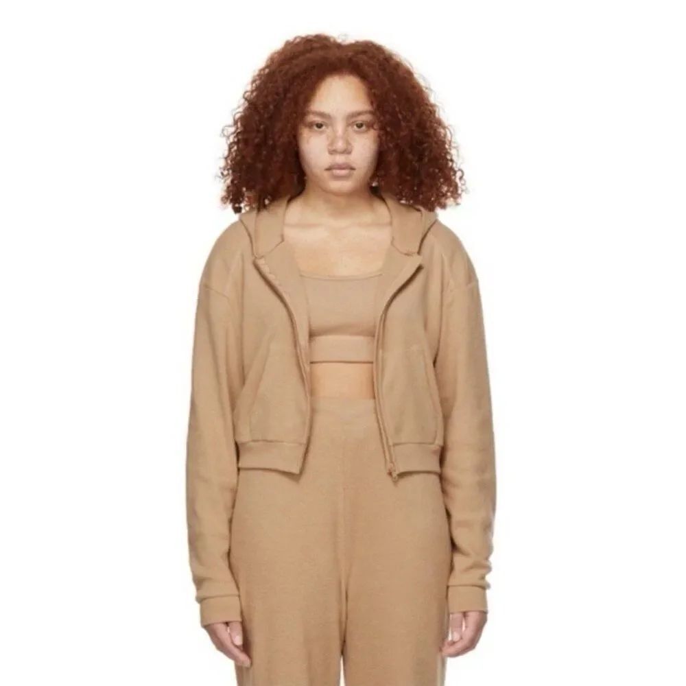 skims brown tan thermal waffle long sleeve zip up hoodie Crop Jacket Medium